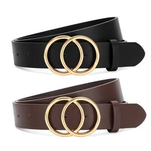 lot 14123 image: SANSTHS 2 Pack Women Leather Belts Faux Leather Jeans Belt with Double O Ring Buckle Black Dark Coffee S