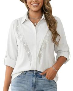 lot 14125 image: UpFind Sequin Fringe Cowgirl Shirts for Women Rolled 34 Sleeve White Button Down Shirts Western Tops Country Concert Cowgirl Outfit, X-Large