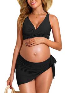 lot 14128 image: Summer Mae Maternity 3 Piece Swimsuits Low Rise Bikini Set Criss Cross V Neck Bathing Suit Self Tie Sarong Pregnancy Swimwear Black 10