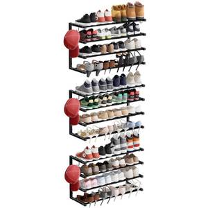 lot 15686 image: Jchccu 3 Pack Wall Mounted Shoe Rack, 4 Tier Hanging Shoe Rack Holds 48 Pairs, 17-30 Adjustable Heavy Duty Wall Shoe Shelf with 6 Storage Hooks, Space Saving for Closet Entryway, Black