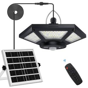 lot 15715 image: Aqonsie Solar Shed Light Indoor Outdoor Solar Powered Pandent Daytime Work Lights with 5 Lighting Modes & 3 Timers, 180LED Solar Indoor Lights Motion Sensor with Remote Control for Shed Barn Garage