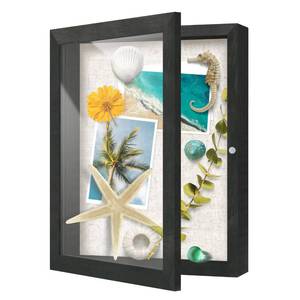 lot 15719 image: FrameWorks 8.5x11 Deep Shadow Box Frame, Wooden Display Case w. Linen Board & Tempered Glass Door - Black Woodgrain - Medium - Wall Mounted