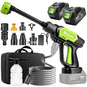lot 15722 image: Rivlox Cordless Pressure Washer, 1500 PSI Portable Power Washer with 6-in-1 Nozzle, Handheld Power Washer with 2 Batteries, 16.4FT High-Elastic Hose, Power Cleaner for Patio Floor Fence Deck Indoor