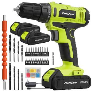 lot 15728 image: PULITUOS 20V Cordless DrillDriver, Electric Screwdriver - 2 Batteries, 30Nm, 211 Torque, 2 Speed, Keyless 38 Chase Drill with LED Light, Kit for Home (Green)