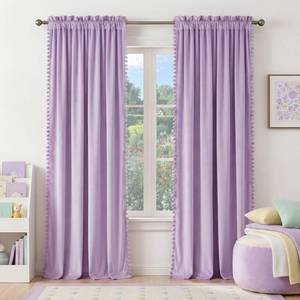 lot 15729 image: NICETOWN Lilac Purple Velvet Curtains 96 Inch Length (2 Panels) �� Pom Pom Room Darkening Drapes for Nursery & Kids Room, Thermal Insulated Soft Window Treatments Whimsical Charm Decor
