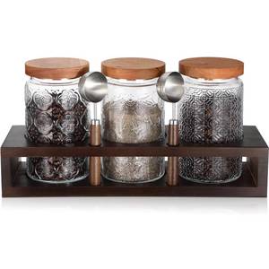 lot 15737 image: Suclain 3 Pcs Glass Coffee Bean Container 34 oz Airtight Coffee Canister with Shelf and Measuring Spoon Kitchen Food Canister Jar for Sugar Candy (Elegant Style)