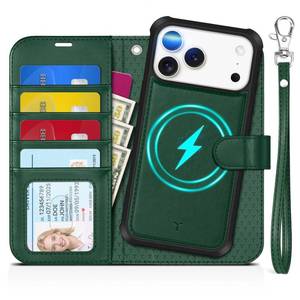 lot 18287 image: TUCCH Detachable Case Wallet for iPhone 17 Pro Max (6.9) 2025, Removable Wrist Strap, Wireless Charging, Stand, 4 Card Slots RFID Blocking, 2-in-1 Magnetic, PU Leather Shockproof Cover, Evergreen