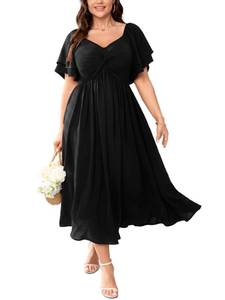 lot 18297 image: SCOMCHIC Womens Plus Size Wedding Guest Cocktail Dresses Sweetheart Neckline Ruffle Sleeve A Line Maxi Dress Black