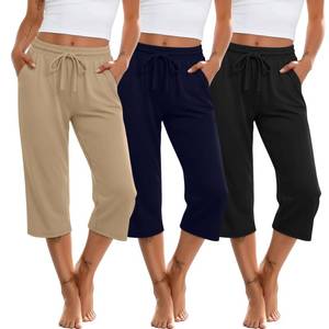 lot 18314 image: Huukeay 3 Pack Womens Capri Sweatpants Drawstring Lounge Capris Wide Leg Cropped Pants with Pockets Workout Yoga Joggers(XX-Large,Black, Navy Blue, Khaki)