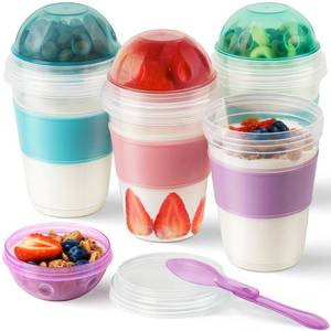 lot 18317 image: Freshmage 4 Pack 20 oz Yogurt Parfait Cups with Lids, Reusable Overnight Oats Containers with Lids, Folding Spoons and Topping Compartment for Breakfast to Go