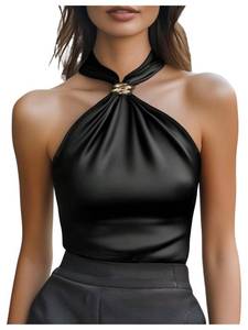 lot 18321 image: SweatyRocks Womens Satin Halter Tops Sleeveless Tie Backless Dressy Casual Tank Top Black Small