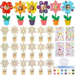 lot 19037 image: Vercraft 24 Pcs Flower Pot Picture Frames Painting Craft Kit Spring Crafts Unfinished Wood Flower DIY Picture Frame Blank Photo Holder with Painting Tools Gem Stickers for Mothers Day
