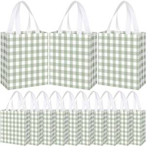 lot 19044 image: Supervitae 24 Pack Gingham Gift Bags Medium Green and White Theme Party Decoration Supplies Reusable Non Woven Totes for Checkered Dinner Baby Shower Wedding Party Favor(9.8 x 7.9 x 3.9)