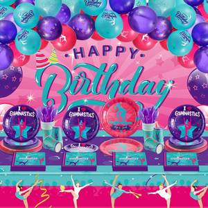 lot 19047 image: Wettarn 263 Pcs Gymnastics Birthday Party Decorations for 24 Guest Gymnastics Dance Disposable Tableware Plates Cups Gymnast Tablecloth and Latex Balloon Banner for Gymnast Themed Party Supplies