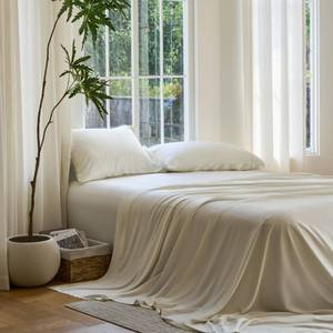lot 19056 image: DOZ Sheet Set, 100% Viscose derived from Bamboo, Organically Grown, Buttery Soft, Cooling Sheets, High GSM, Deep Pockets - 3 Piece - 2 Pillowcases 1 Fitted Sheet (Ivory, Queen)