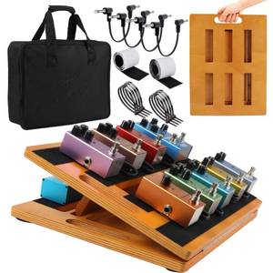 lot 19076 image: GOGHOST Wooden Guitar Pedal Board 15.75 x 11.8, Foldable Pedalboard 2-Level Adjustable Height Lightweight Pedal Stand, with 4 Pcs 6 Inch Guitar Patch Cables, Portable Carry Bag, Hook-and-Loop Tapes