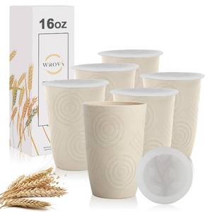 lot 19077 image: Wrova Wheat Straw Cups with Silicone Covers 16oz Set of 6 - Alternative Plastic Cups Microwave & Dishwasher Safe - Plastic Drinking Cups Unbreakable for Kids - Beige