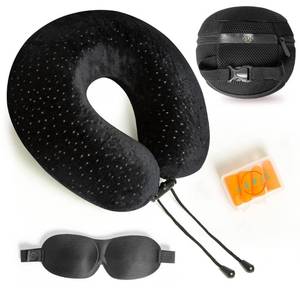 lot 19088 image: Aeris Memory Foam Travel Pillow for Airplanes - Best Airplane Neck Pillow for Long Flights - Plane Accessories Carry Bag to Save Space, Ear Plugs and Eye Mask - Perfect Flight Set & Gift