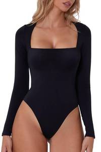 lot 20023 image: QINSEN Black Bodysuit for Women Sexy Square Neck Long Sleeve Slimming Shirt Tops S