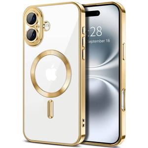 lot 20039 image: Hython Magnetic Clear for iPhone 16 Plus Case with Camera Lens Protector Compatible with MagSafe Luxury Plating Edge Slim Soft TPU Cover Protective Phone Case for iPhone 16 Plus 6.7, Gold