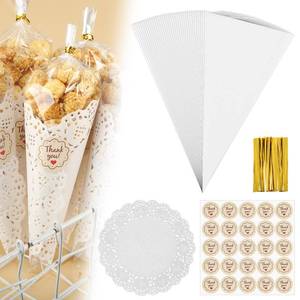 lot 20043 image: LemonRoad 100 Pcs Popcorn Cones Bags Set 5 x 10 Inch Cone Shaped Cellophane Treat Bags with 6.5 Inch White Lace Paper Doilies and Thank You Stickers for Wedding Party Candy Popcorn Snack Wraps