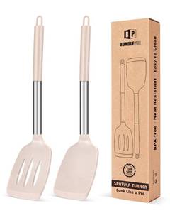 lot 20054 image: Pack of 2 Silicone Solid Turner, Non Stick Slotted Kitchen Spatulas, High Heat Resistant BPA Free Cooking Utensils, Ideal Cookware for Fish, Eggs, Pancakes(Stainless Steel Khaki)