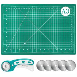 lot 20056 image: AMASEWART 45mm Rotary Cutter and Mat Set, Fabric Cutter Wheel and 12x18 Inch Self Healing Sewing Cutting Mat, Fabric Rotary Cutter with 5pcs Rotary Blades for Quilting Patchworking Crafts, Turquoise