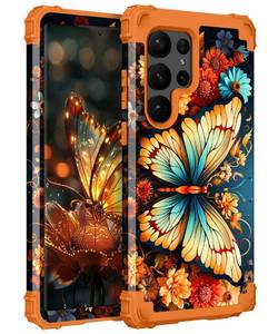 lot 20075 image: Hocase for Galaxy S23 Ultra Case, Shockproof Heavy Duty Hard PlasticSoft Silicone Rubber Bumper Hybrid Dual-Layer Protective Case for Samsung Galaxy S23 Ultra 6.8 2023 - Butterfly in Orange