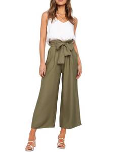 lot 20104 image: FANCYINN Womens 2 Piece Crop Pants Set V Neck Tank Wide Strap Tops High Waisted Cropped Paper Bag Pants with Belt Olive S
