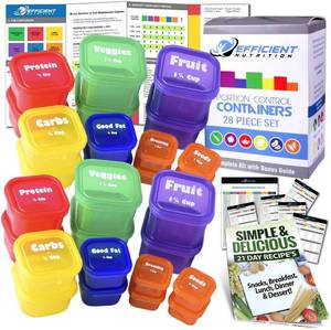 lot 20106 image: Efficient Nutrition Portion Control Containers DELUXE Kit (28-Piece) with COMPLETE GUIDE  21 DAY PLANNER  RECIPE eBOOK BPA FREE Color Coded Meal Prep System for Diet and Weight Loss