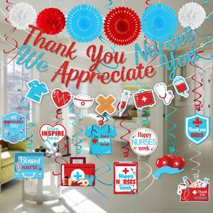 lot 20119 image: Nurses Week 2026 Decorations Set Thank You Happy Nurse Glitter Banner Appreciation Hanging Swirls Blue Red White Pom Pom Paper Fans Gifts Bulk RN Graduation Party Decor Supplies