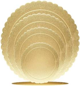 lot 20120 image: 4 Pack Cake Boards Golden Round Cake Circles 6, 8, 10, 12 Inch Cake Base Cardboard, 1 of Each Size Set for Baking Cake, Gold (Largest board is bent)