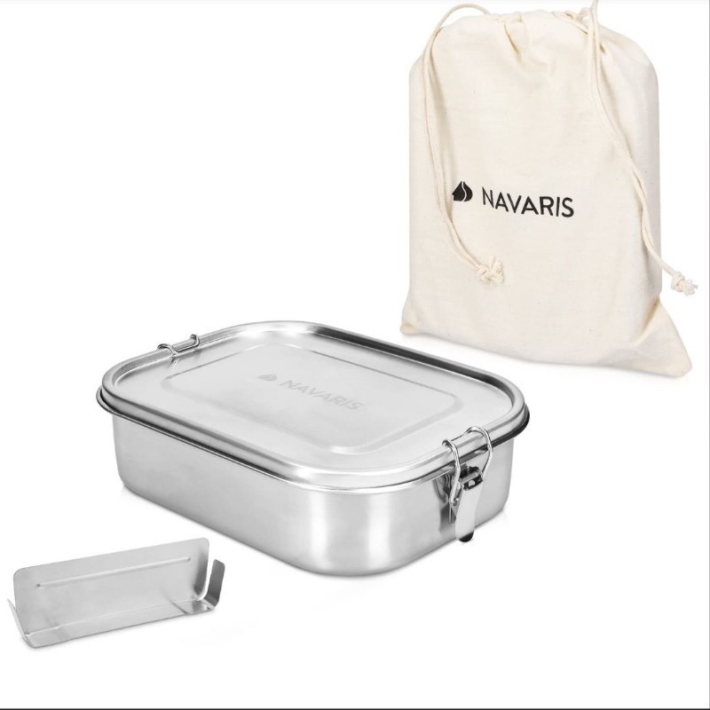 lot 5111045 image: Navaris Stainless Steel Lunch Box - 47 oz (1400ml) Food Container with Divider, Silicone Seal Lid and Carry Bag - For Adults, Bento, Storage - Retail $17