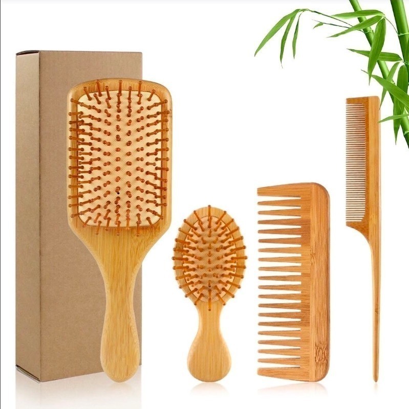 lot 5111109 image: RUseeN Bamboo Hair Brush Comb Set - Natural Wooden Hairbrush Paddle Detangling for Thick Thin Curly Straight Wavy Dry Fine Hair, Men Women and Kids, Static-Free(4 Pcs) Beige - Retail $13