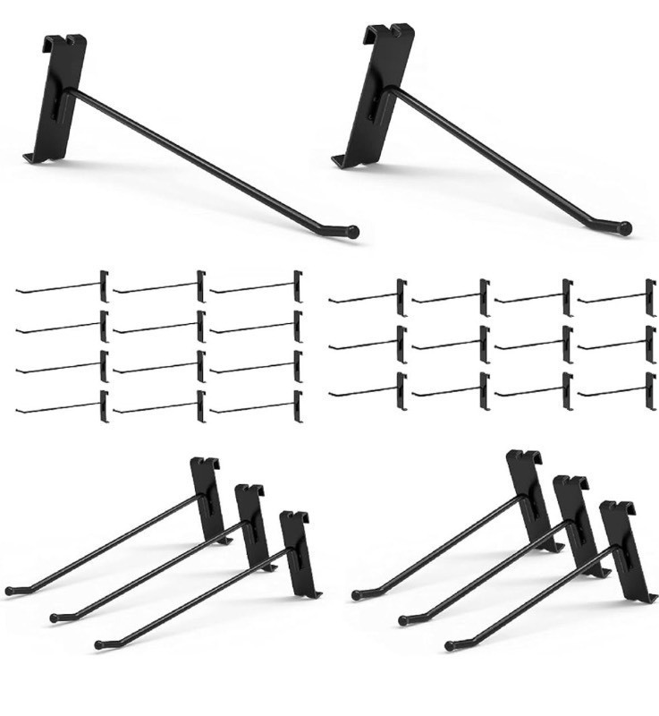 lot 5111139 image: HUHOLE Gridwall Hooks 6 inch, 32PC Display Hooks for Grid Wall, Hooks for Grid Wall Panel, Black Powder-Coated Steel - Retail $32
