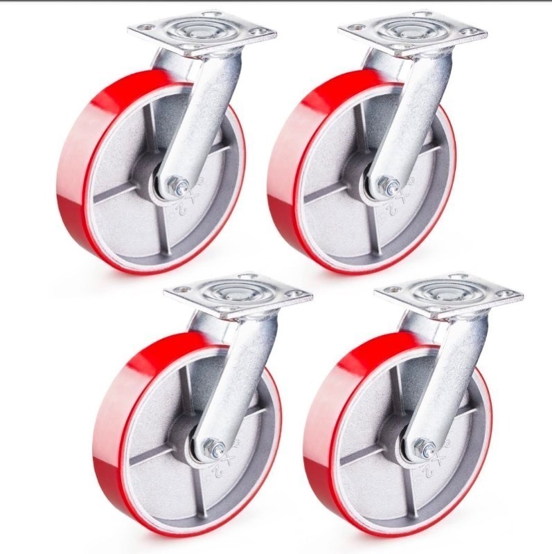 lot 5111178 image: GBL Casters Set of 4 Heavy Duty with 0 Brakes - up to 3351 lbs - No Floor Marks Silent Scaffolding Caster Wheels - 8 Inch Hard Rubber Industrial Wheel - Red - Retail $63