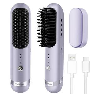lot 17052 image: Cordless Hair Straightener Brush, 2 in 1 Curling & Straightening Brush with 200 Million Negative Ions, Mini Travel Hot Straightener Comb for Women, Fast Heating & Dual Voltage - Retail $100