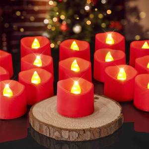 lot 22791 image: Homemory Red Tea Lights Candles Battery Operated, 200Hour Flameless Flickering Fake Electric LED Colored Tealights Candles for Party, Wedding, Anniversary, Halloween, Christmas, 24-Pack - Retail $10