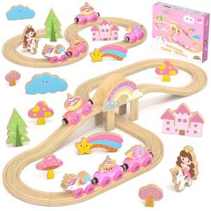 lot 22963 image: Hot Bee Wooden Train Set for Toddlers 2-4, 38-Piece Unicorn Train Set for Girls, Pink Wooden Train Track Set with Fairies & Unicorns, Girl Train Set Birthday Gifts for 2 3 4 5 Year Old Girls - Retail $37