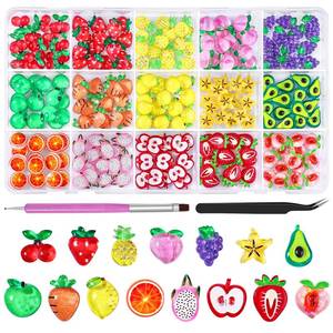 lot 30281 image: 220Pcs 3D Cartoon Fruit Nail Art Charms,15 Grids Mixed Assorted Cherry Strawberry Pineapple Peach Grape Apple Carrot Lemon Avocado Orange Pitaya Star Fruit Nail Supplies with Pickup Tool (Fruit) - Retail $7