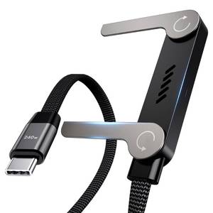 lot 30285 image: LOOHOI USB C to USB C Cable, 240W Fast Charging Cable with Built-in Phone Stand (5 FT, Black), Durable Braided Type-C Cable with 90° Angled T-Shaped Stand (1PCS) - Retail $10