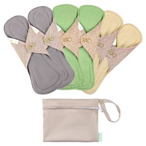 lot 30304 image: wegreeco 6 Pcs Reusable Menstrual Pads, Ultra Absorbent Cloth Pads for Heavy Flow, Sanitary for Teens, Women, Nonslip, Inner Mustard Yellow, Grey, Beige, Rose Gold Outer, S - Retail $17