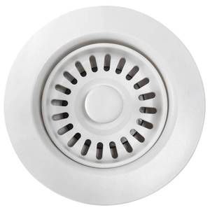 lot 32237 image: White Polymer Drain Kitchen Sink Drain Assembly with Removable Basket Strainer and Rubber Stopper for 3.5-Inch Drain Openings, Matching Color of Quartz, Granite Sinks - Retail $18