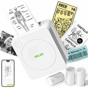 lot 32241 image: Nelko Sticker Printer, PM230 Print Pod Mini Bluetooth Portabel Sticker Maker with 3 Rolls Paper, Print Pods with Multiple Templates for Phone & Tablet, Smart AI APP Family, White - Retail $20