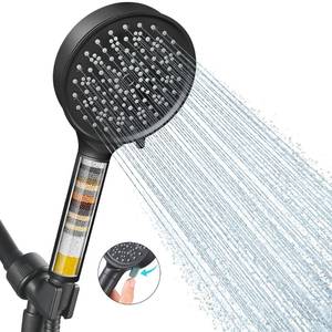 lot 32246 image: Cobbe Filtered Shower Head with Handheld, High Pressure 6 Spray Mode Showerhead with Filters, Water Softener Filters Beads for Hard Water - Remove Chlorine - Black - Retail $18