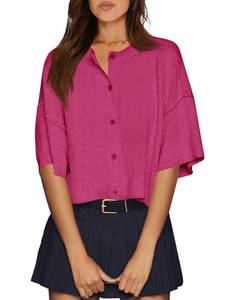 lot 32263 image: Cicy Bell Womens Half Sleeve Cardigan Sweaters Cropped Button Down Tops Oversized Lightweight Ribbed Knit Summer Outfits Rose Red looks like large