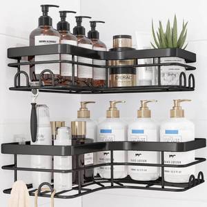 lot 32306 image: Sakugi Corner Shower Caddy - 2 Pack, Adhesive Shower Organizers, Rustproof Stainless Steel Shower Shelves with 8 Hooks, No Drilling Bathroom Organizers and Storage Racks, Space-Saving, Black, X-Large - Retail $25