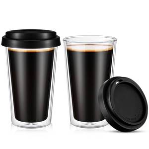 lot 33222 image: Honeydak  12 oz Double Walled Glass Coffee Mugs with Silicone Lids Clear Insulated Drinking Cups Reusable Glass Iced Coffee Cups for Home Office and Travel - Retail $21