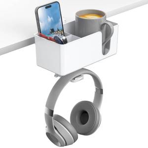 lot 33224 image: KDD 4-in-1 Desk Organizer - Under Desk Cup Holder and Headphone Hanger with 2 Wire Holes - Rotating Hanger and Detachable Storage for Cup, Phone and Pen (White) - Retail $17