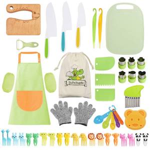lot 33624 image: 50PCS Kids Kitchen Cooking Set - Crocodile Wooden Kid Safe Knife Cutting Board Apron Gloves Fruit Vegetable Crinkle Cutters Peeler Serrated Edges Plastic Toddlers Knives, Kids Knifes for Real Cooking - Retail $16